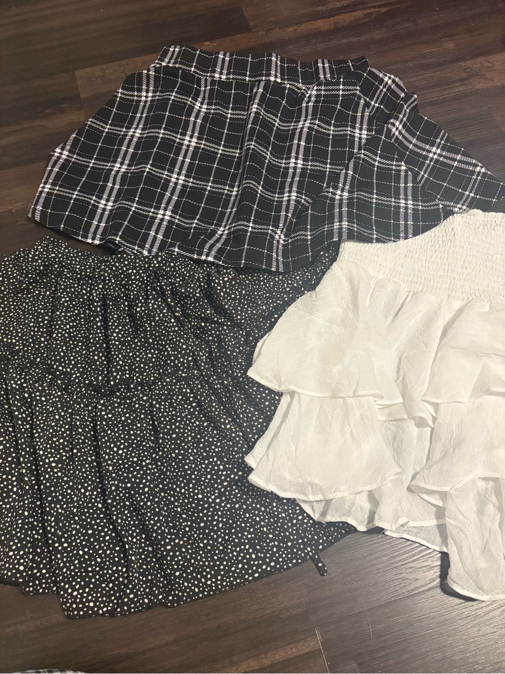 3 SHEIN Skirt Lot - Black & White Mix: Plaid, Polka Dot & Ruffle Mini Skirts